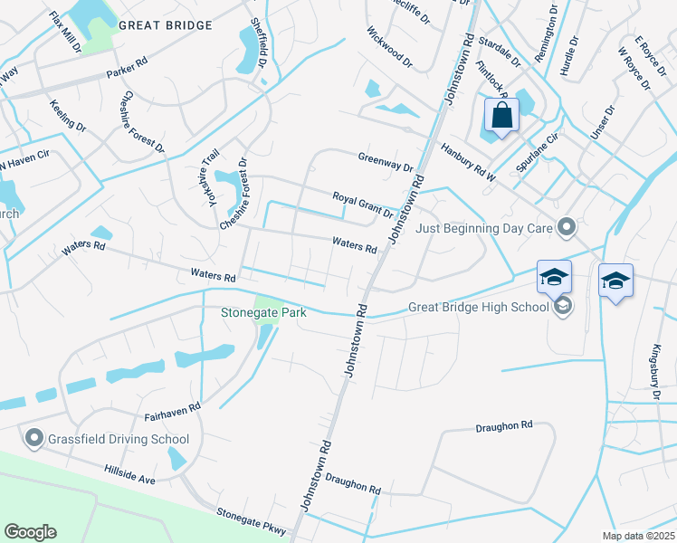 map of restaurants, bars, coffee shops, grocery stores, and more near 1329 Andreas Lane in Chesapeake