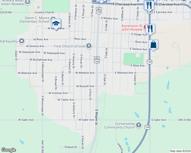 map of restaurants, bars, coffee shops, grocery stores, and more near 623 South Maple Street in Nowata