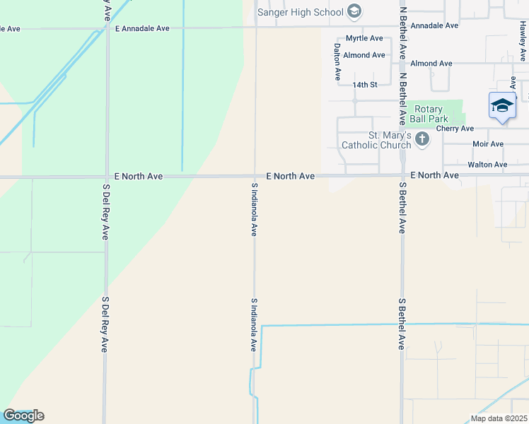 map of restaurants, bars, coffee shops, grocery stores, and more near 3116 South Indianola Avenue in Sanger