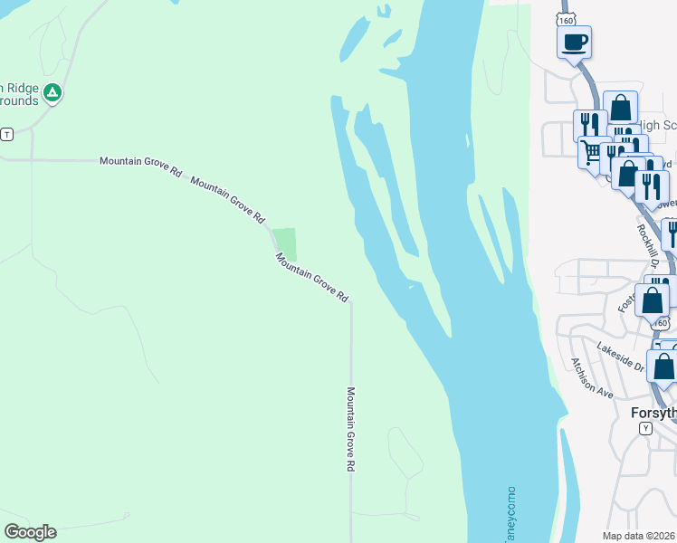 map of restaurants, bars, coffee shops, grocery stores, and more near 1385 Mountain Grove Rd in Branson