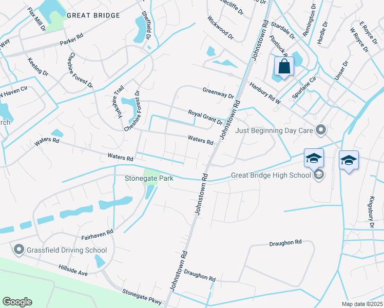 map of restaurants, bars, coffee shops, grocery stores, and more near 1329 Andreas Lane in Chesapeake