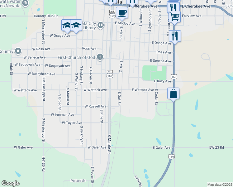 map of restaurants, bars, coffee shops, grocery stores, and more near 634 South Oak Street in Nowata