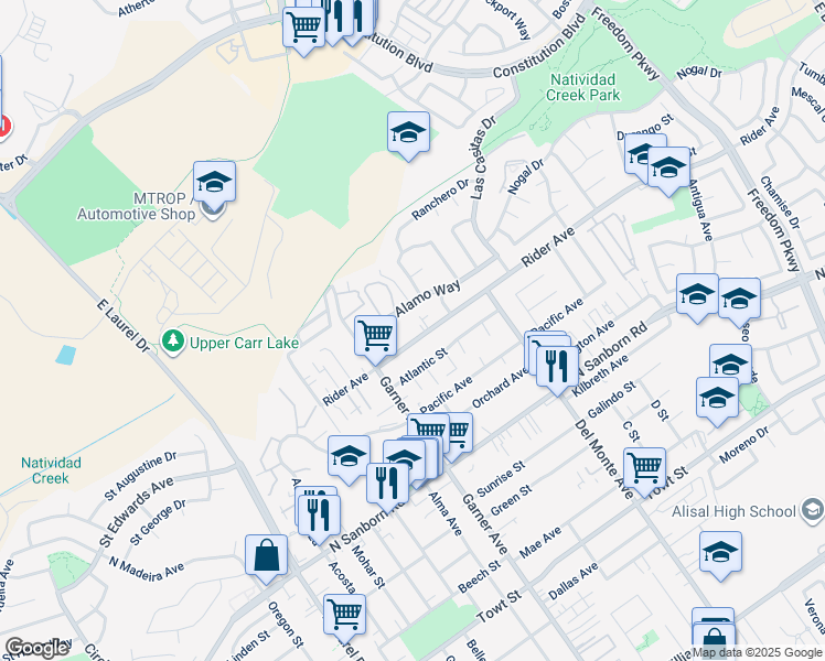 map of restaurants, bars, coffee shops, grocery stores, and more near 1051 Rider Avenue in Salinas