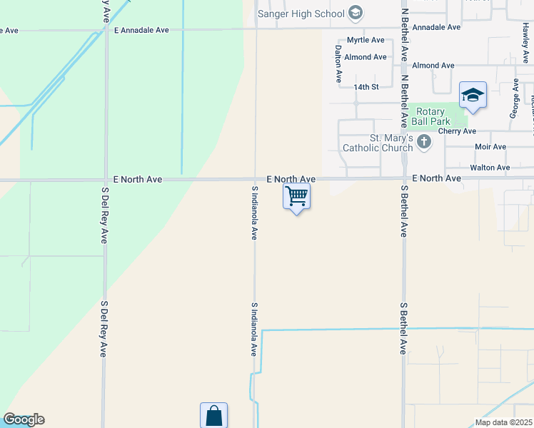map of restaurants, bars, coffee shops, grocery stores, and more near 3116 South Indianola Avenue in Sanger
