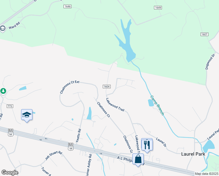 map of restaurants, bars, coffee shops, grocery stores, and more near 664 Lakewood Trail in Martinsville