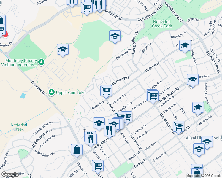 map of restaurants, bars, coffee shops, grocery stores, and more near 1118 Alamo Way in Salinas