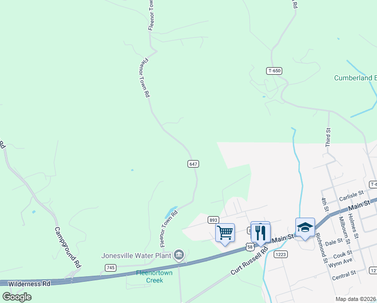 map of restaurants, bars, coffee shops, grocery stores, and more near Fleenor Town Road in Jonesville