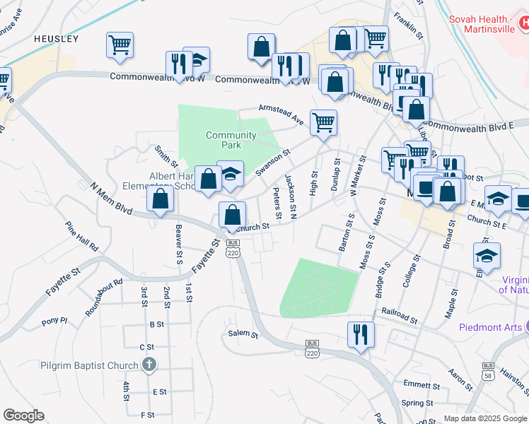 map of restaurants, bars, coffee shops, grocery stores, and more near 518 W Church St in Martinsville