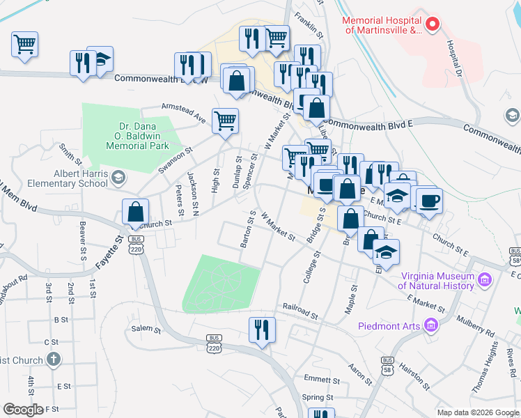 map of restaurants, bars, coffee shops, grocery stores, and more near 100-198 West Market Street in Martinsville
