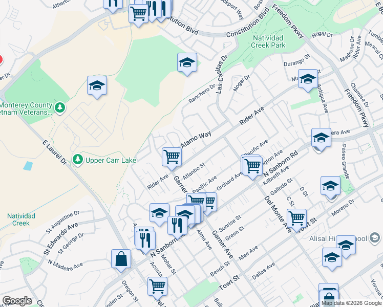 map of restaurants, bars, coffee shops, grocery stores, and more near 1053 Atlantic Street in Salinas