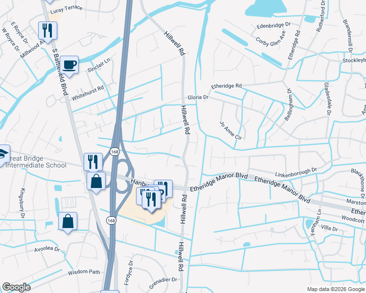 map of restaurants, bars, coffee shops, grocery stores, and more near 328 Windlesham Drive in Chesapeake