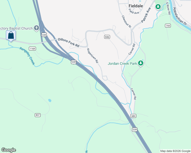 map of restaurants, bars, coffee shops, grocery stores, and more near Route 220 Highway in Fieldale