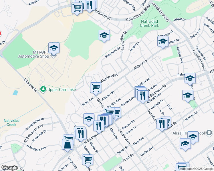 map of restaurants, bars, coffee shops, grocery stores, and more near 1051 Rider Avenue in Salinas