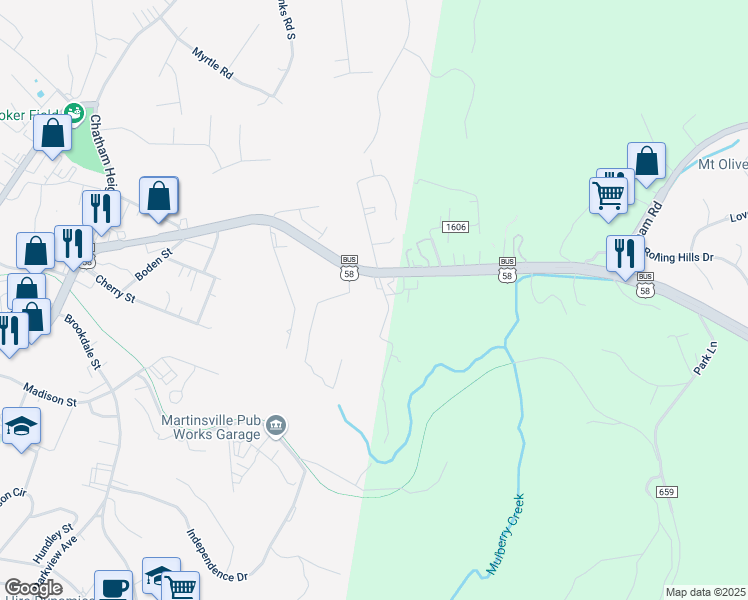 map of restaurants, bars, coffee shops, grocery stores, and more near 220-222 Cabell Street in Martinsville