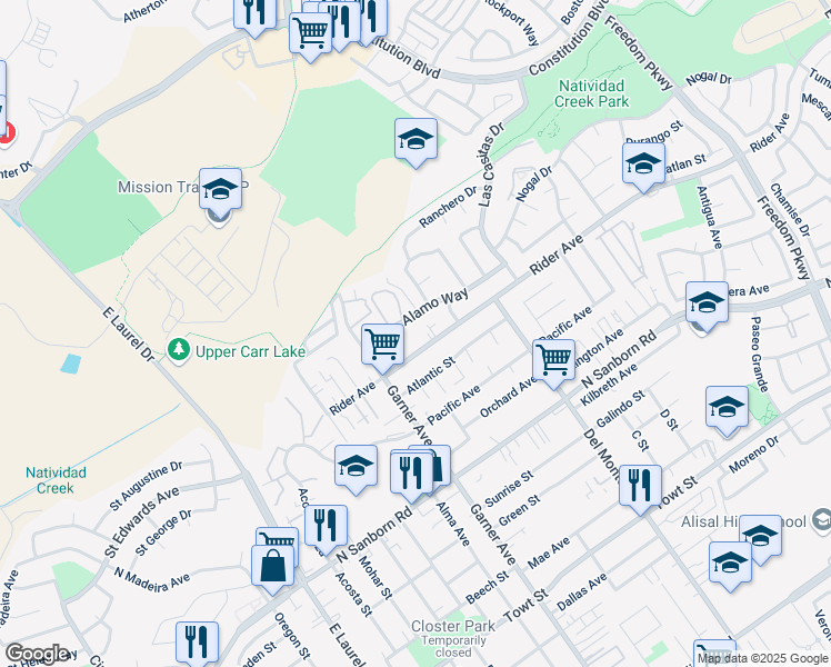 map of restaurants, bars, coffee shops, grocery stores, and more near 1029 Rider Avenue in Salinas