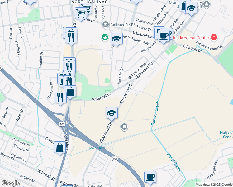 map of restaurants, bars, coffee shops, grocery stores, and more near 619 Sherwood Drive in Salinas