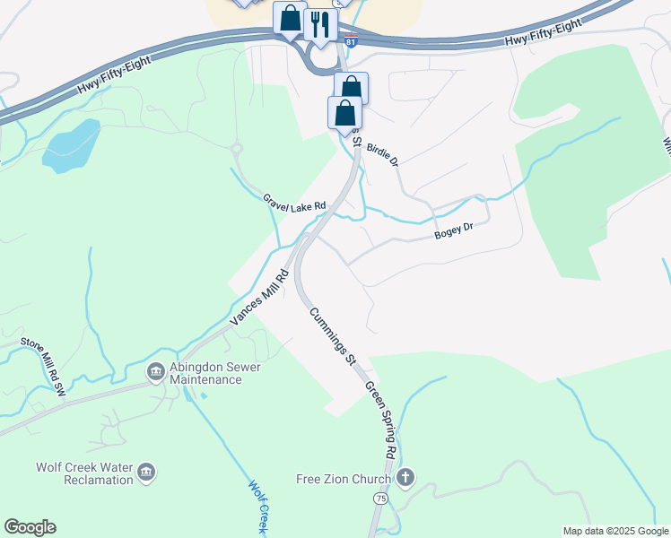 map of restaurants, bars, coffee shops, grocery stores, and more near 422 Fairway Drive in Abingdon