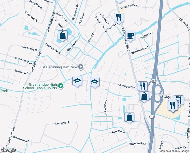 map of restaurants, bars, coffee shops, grocery stores, and more near 940 Churchill Drive in Chesapeake