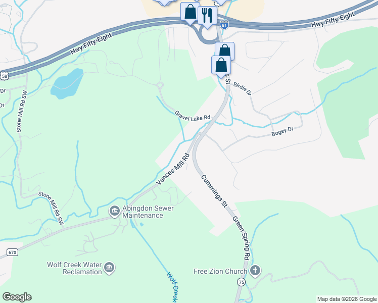 map of restaurants, bars, coffee shops, grocery stores, and more near 492 Vances Mill Road in Abingdon