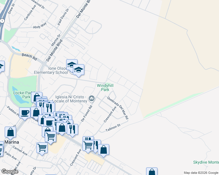 map of restaurants, bars, coffee shops, grocery stores, and more near 3245 Estrella Del Mar Way in Marina
