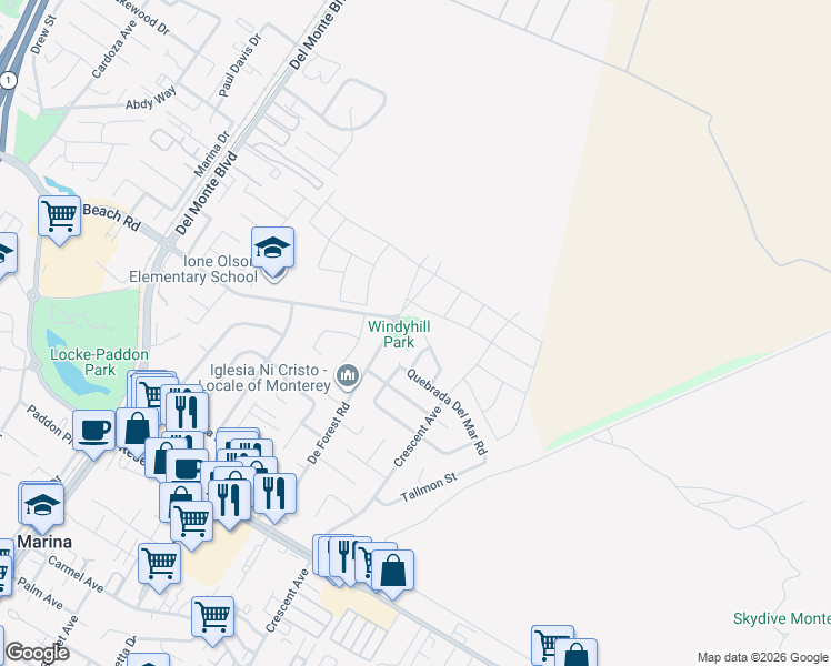 map of restaurants, bars, coffee shops, grocery stores, and more near 3245 Estrella Del Mar Way in Marina