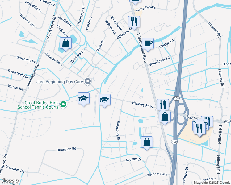 map of restaurants, bars, coffee shops, grocery stores, and more near 200 Leicester Court in Chesapeake