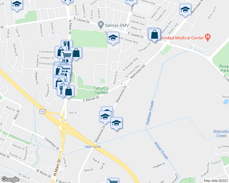 map of restaurants, bars, coffee shops, grocery stores, and more near in Salinas