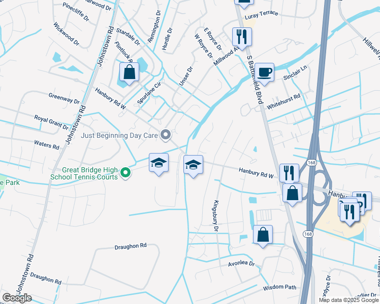 map of restaurants, bars, coffee shops, grocery stores, and more near 940 Churchill Drive in Chesapeake