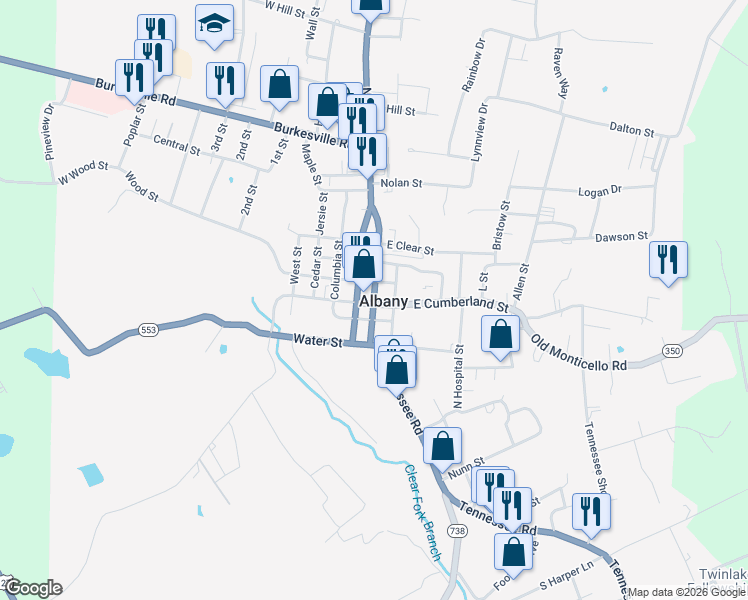 map of restaurants, bars, coffee shops, grocery stores, and more near U.S. 127 Business in Albany