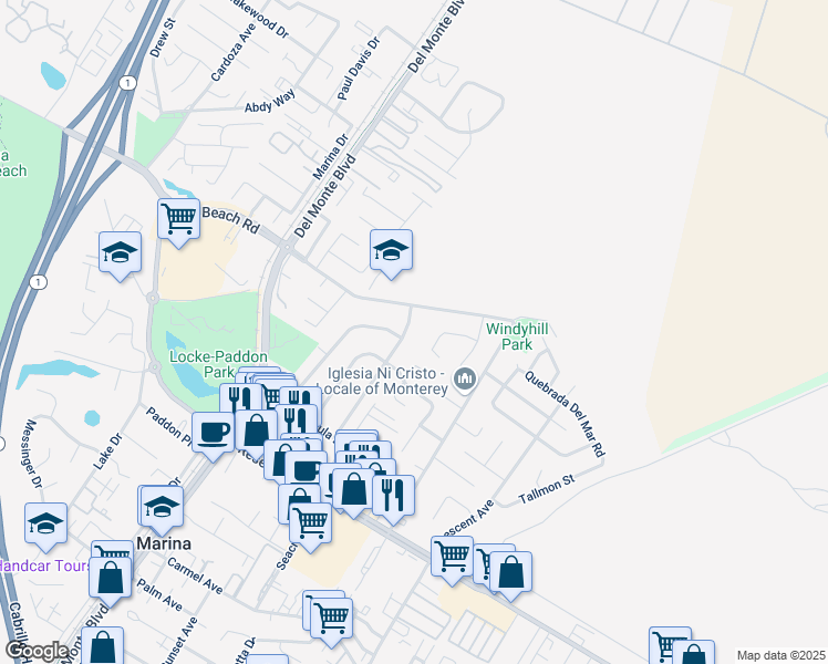 map of restaurants, bars, coffee shops, grocery stores, and more near 3232 Melanie Road in Marina