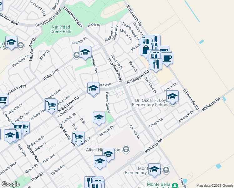 map of restaurants, bars, coffee shops, grocery stores, and more near 1053 North Sanborn Road in Salinas