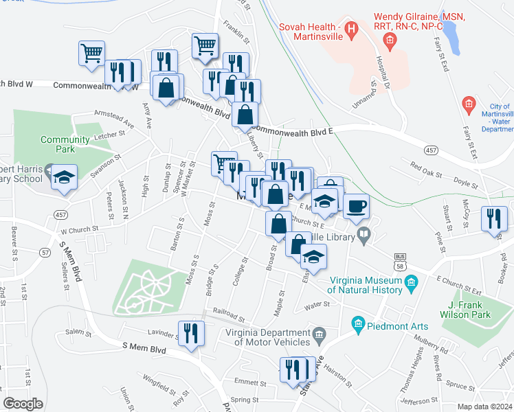 map of restaurants, bars, coffee shops, grocery stores, and more near 3 East Church Street in Martinsville