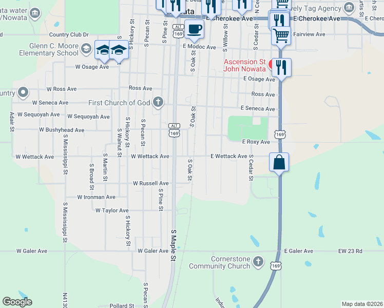 map of restaurants, bars, coffee shops, grocery stores, and more near 537 South Oak Street in Nowata