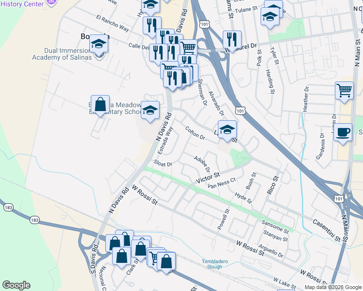 map of restaurants, bars, coffee shops, grocery stores, and more near 949 Estrada Court in Salinas