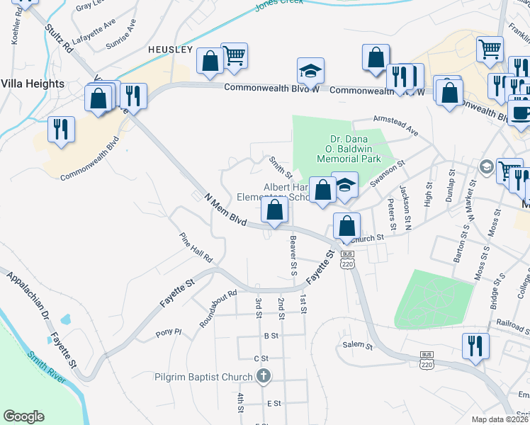 map of restaurants, bars, coffee shops, grocery stores, and more near 820-898 Olympia Street in Martinsville