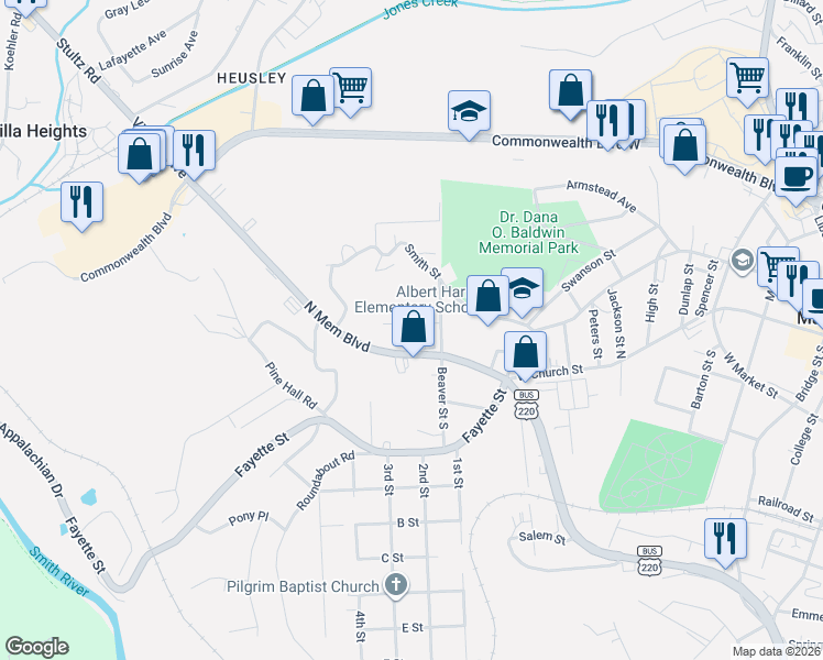 map of restaurants, bars, coffee shops, grocery stores, and more near 820-898 Olympia Street in Martinsville
