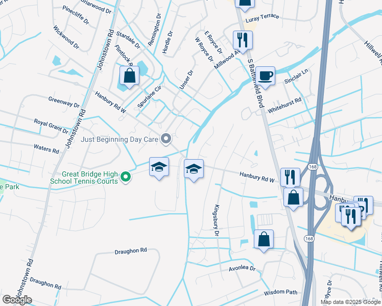 map of restaurants, bars, coffee shops, grocery stores, and more near 936 Churchill Drive in Chesapeake