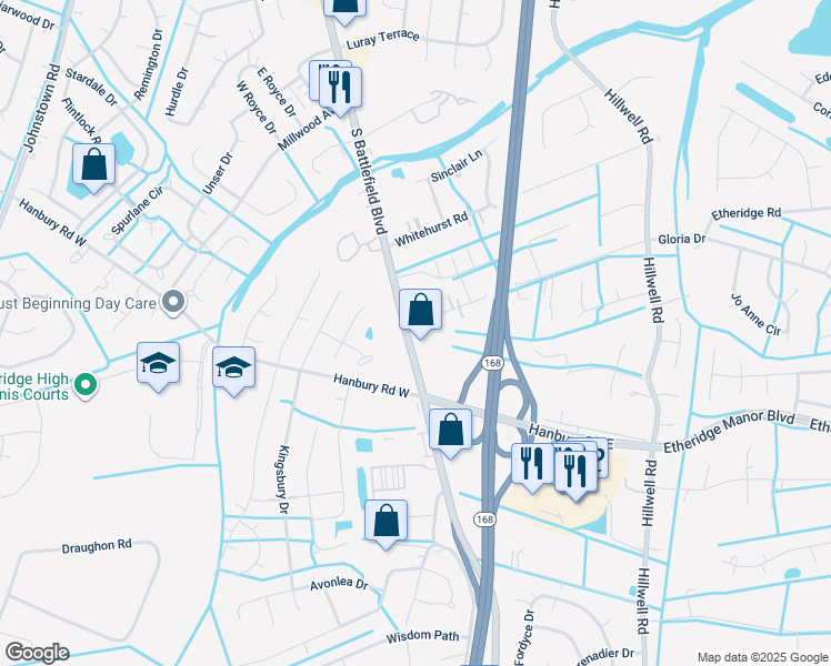 map of restaurants, bars, coffee shops, grocery stores, and more near 132 Hodges Road in Chesapeake