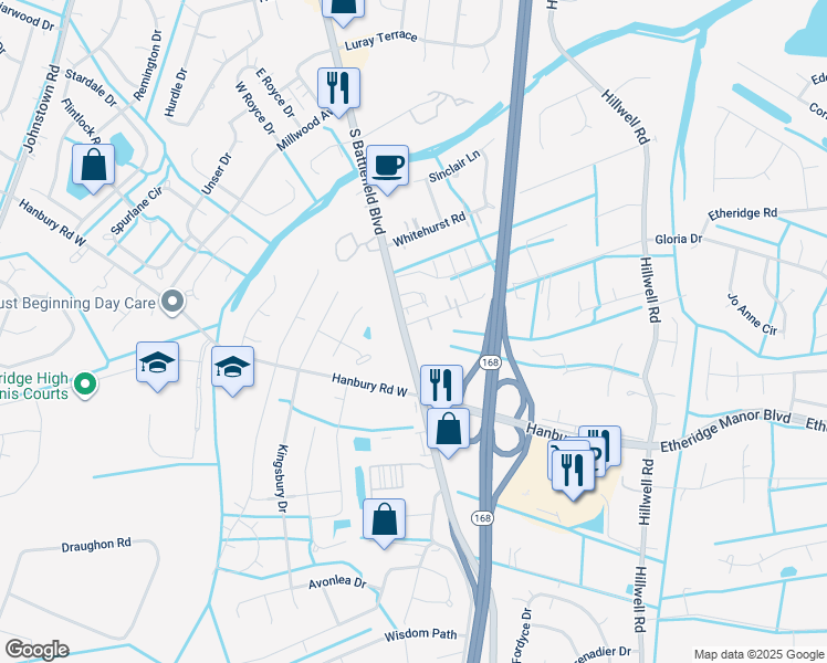 map of restaurants, bars, coffee shops, grocery stores, and more near 132 Hodges Road in Chesapeake