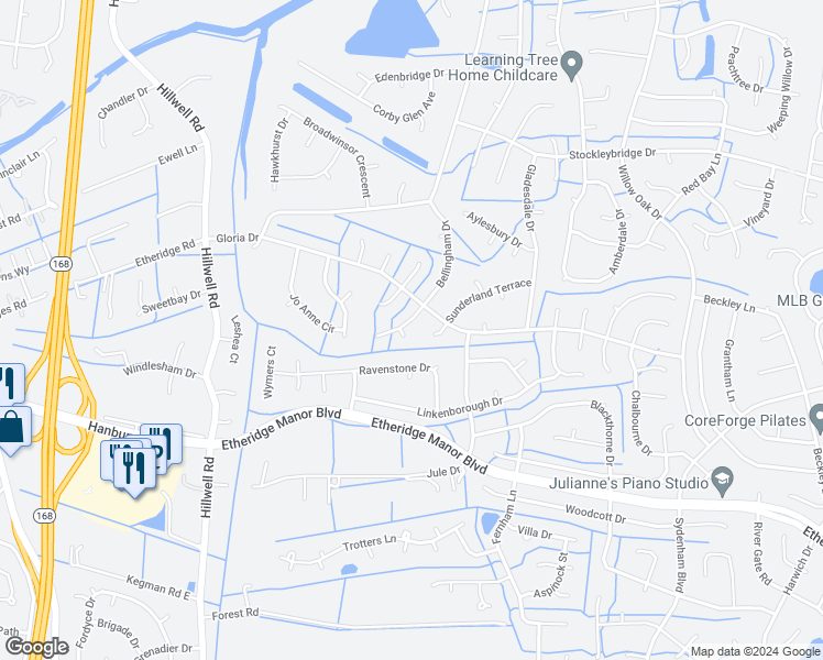 map of restaurants, bars, coffee shops, grocery stores, and more near 909 Bellingham Drive in Chesapeake