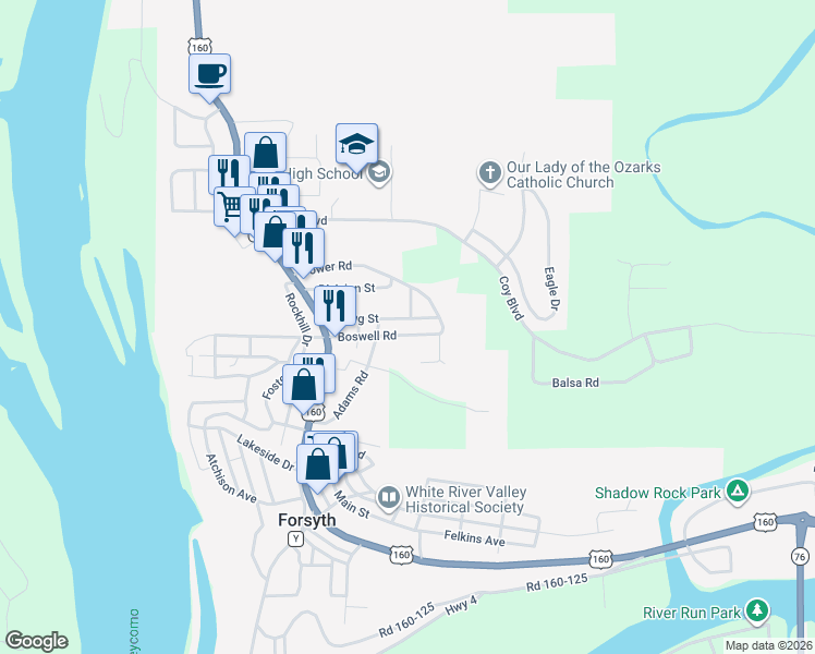 map of restaurants, bars, coffee shops, grocery stores, and more near 287 Spring Street in Forsyth