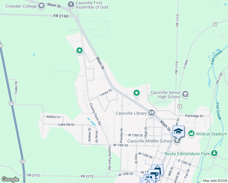 map of restaurants, bars, coffee shops, grocery stores, and more near 103 Laray Street in Cassville