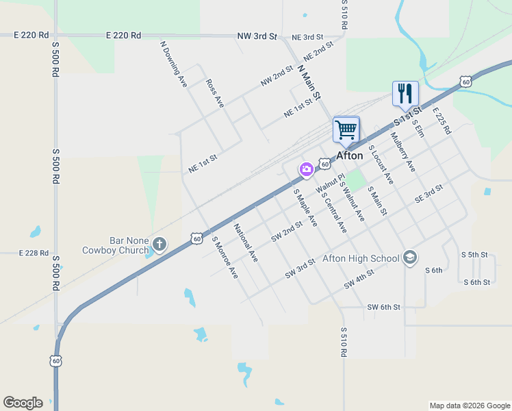 map of restaurants, bars, coffee shops, grocery stores, and more near 610 Southwest 1st Street in Afton