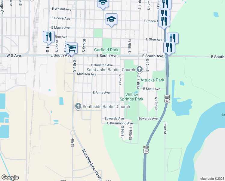 map of restaurants, bars, coffee shops, grocery stores, and more near 1221 South 8th Street in Ponca City
