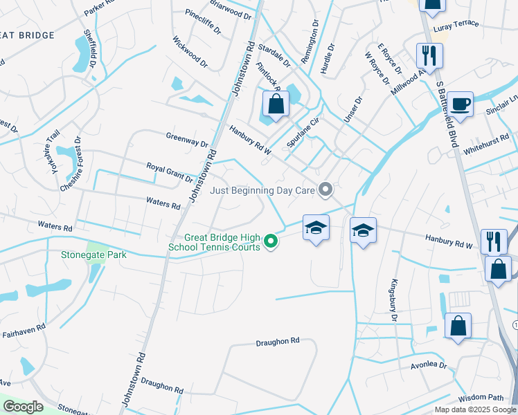 map of restaurants, bars, coffee shops, grocery stores, and more near 840 Saddleback Trail Road in Chesapeake