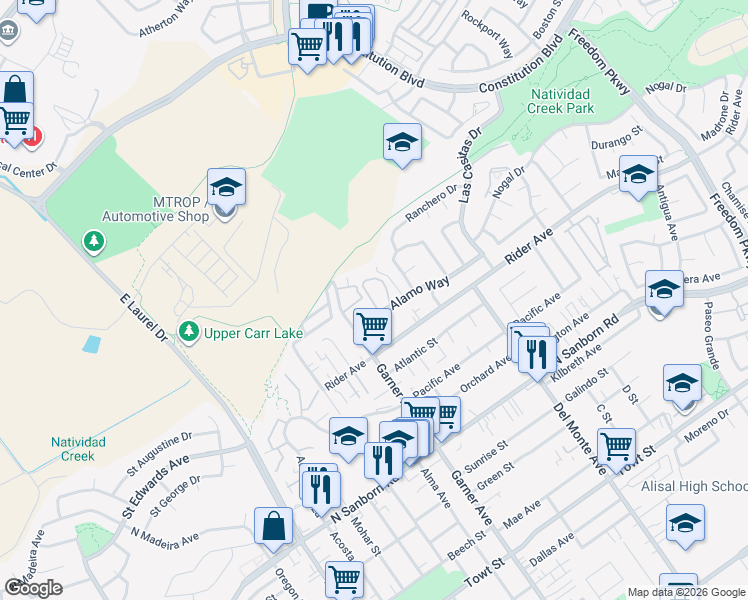 map of restaurants, bars, coffee shops, grocery stores, and more near 1123 Alamo Way in Salinas