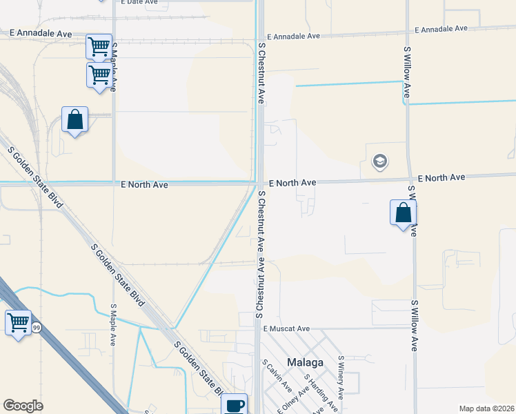 map of restaurants, bars, coffee shops, grocery stores, and more near 3064 South Chestnut Avenue in Fresno
