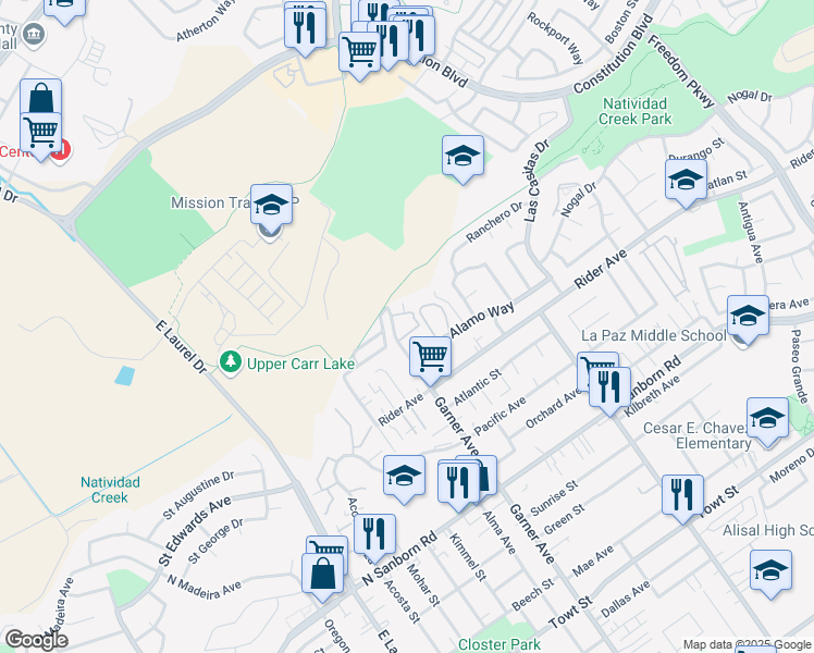 map of restaurants, bars, coffee shops, grocery stores, and more near 717 Garner Avenue in Salinas