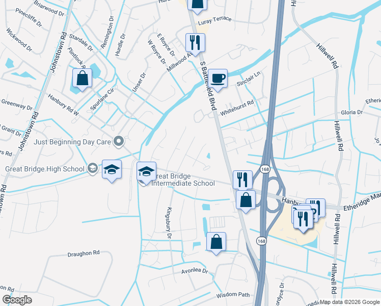 map of restaurants, bars, coffee shops, grocery stores, and more near 925 Jodi Lynn Trail in Chesapeake