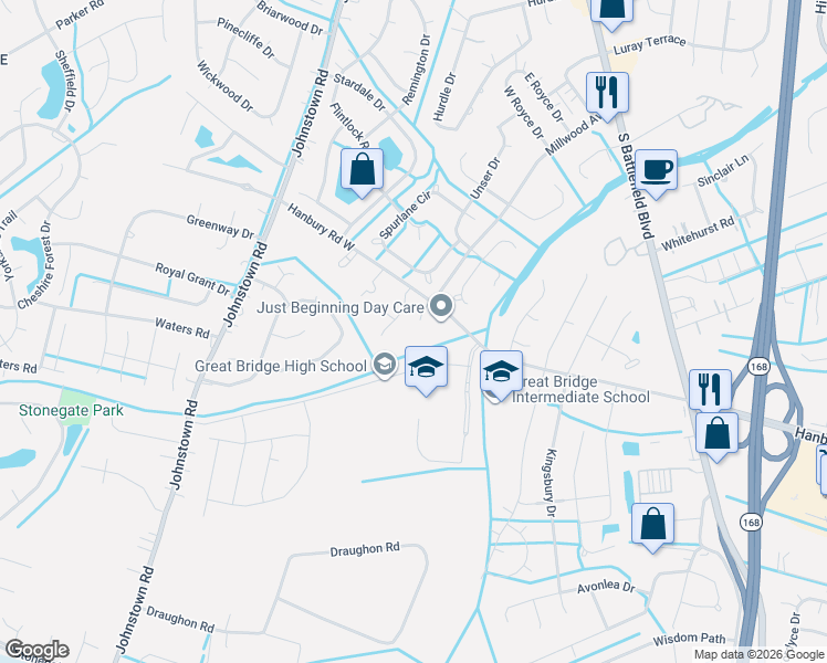 map of restaurants, bars, coffee shops, grocery stores, and more near 1113 Sutherlyn Court in Chesapeake